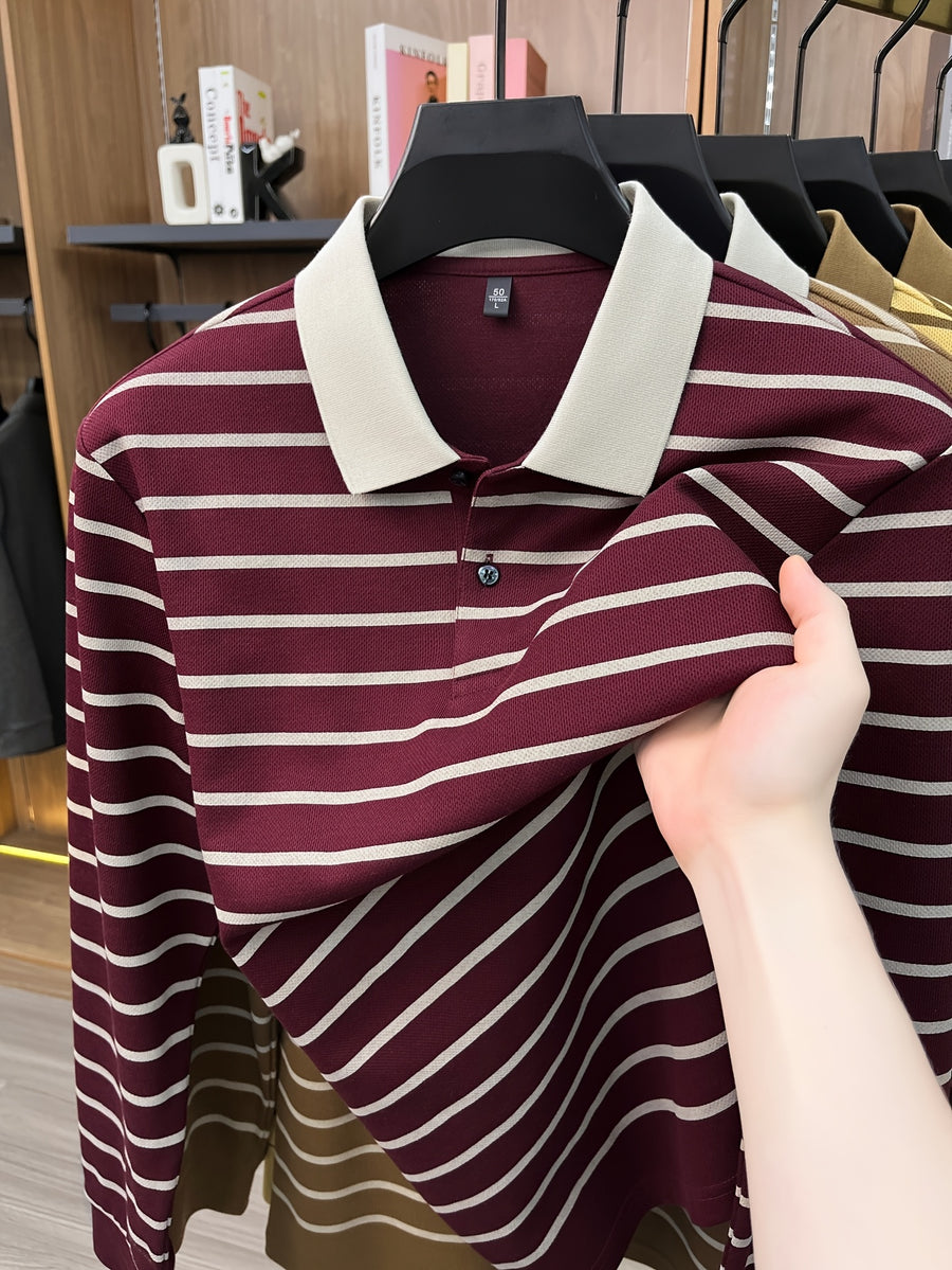 2026 Autumn Men's Long-Sleeve Striped Casual Lapel Polo Shirt - Fuchsia