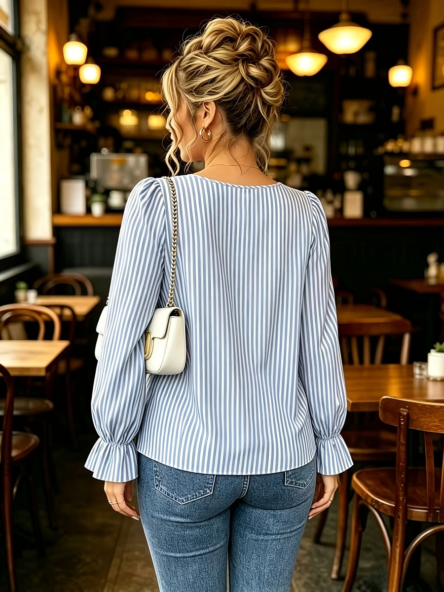 Women's Elegant Loose-Fit Striped Shirt with Bow Tie Hem, Round Neck, Long Sleeves, and Flared Sleeves - Blue Stripes