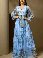 [ZD1031036] Elegant Floral Dress with See-Through Long Sleeves, Tie-Up Bow, Waist-Cinching, And Large Swing, Suitable for Dates, Dinners, And Evening Gowns - Light Blue