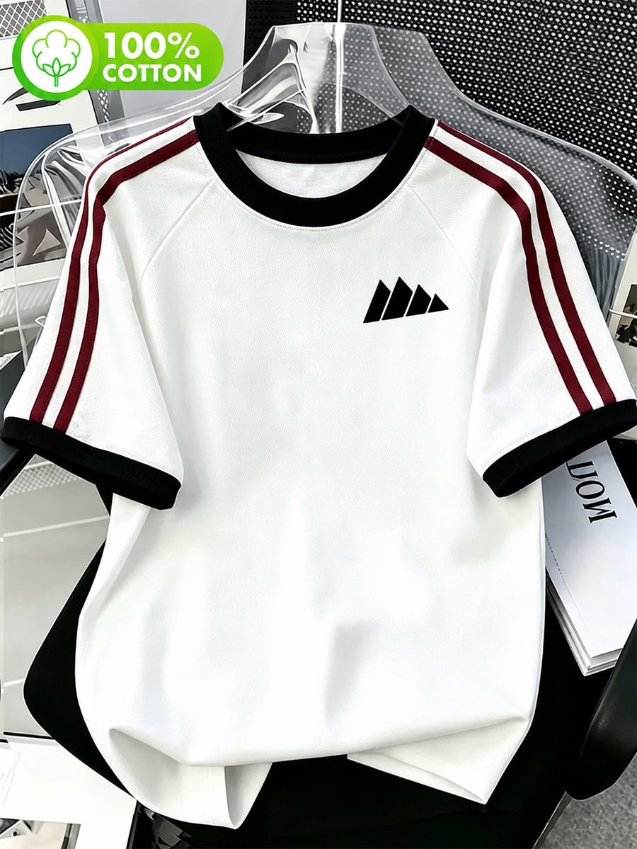 100% Drop Shoulder Striped Short Sleeve T-Shirt, Easy Four-Triangle Geometric Logo Print Loose Color-Block Round Neck Top, Retro Sport Casual Daily Wear - White