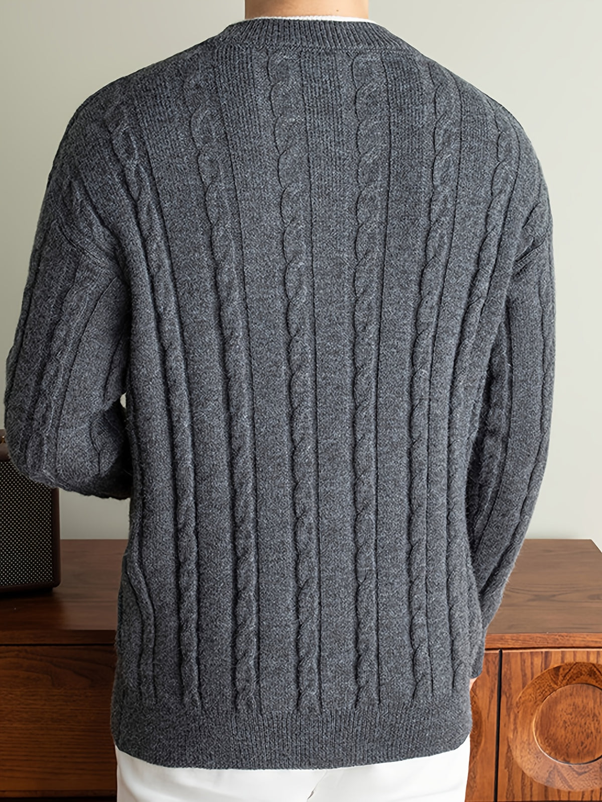Men's 2-in-1 Look Henley Neck Cable Knit Sweater, Suitable for Commuting and Daily Wear, Ideal for Wearing Alone in Spring and Autumn, or as a Layering Piece in Winter. -SINBOS - Dark Gray