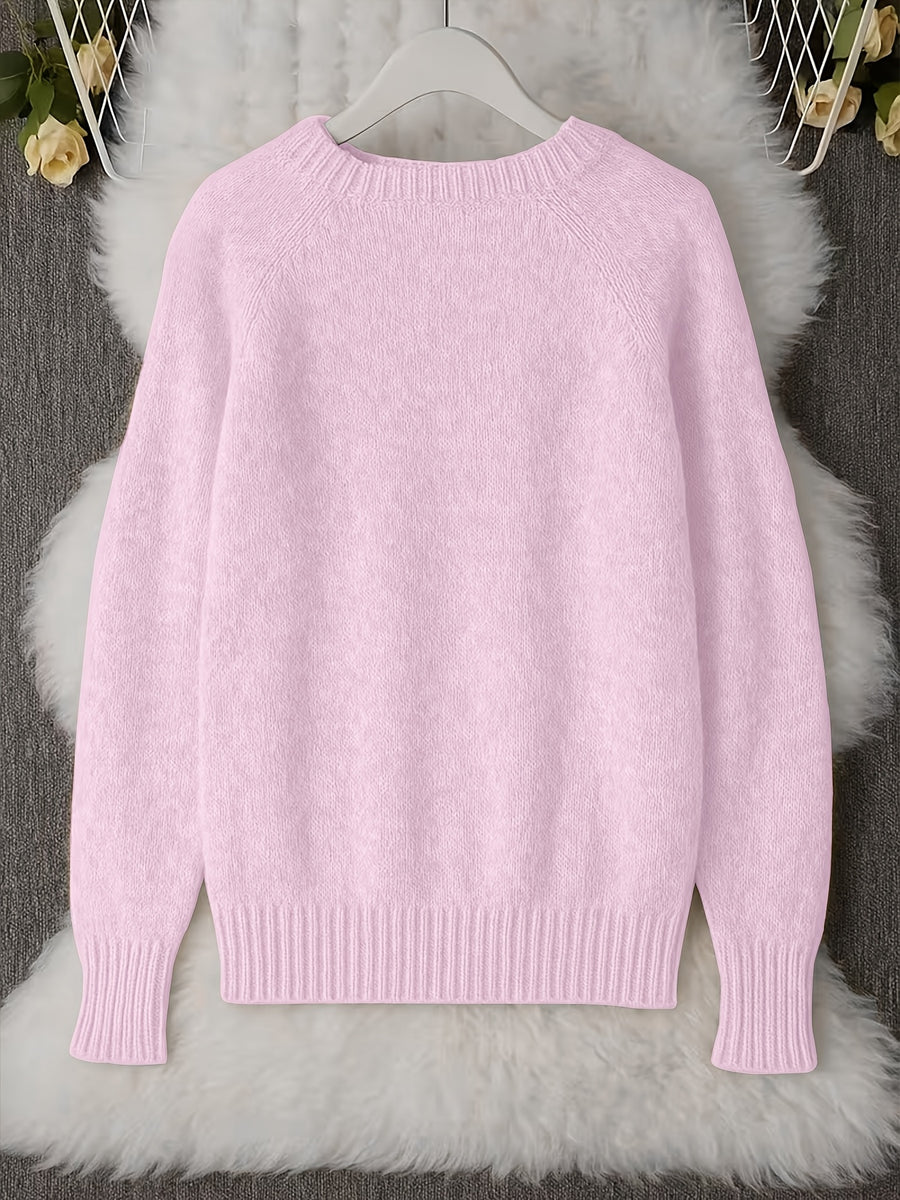 French-style Round-neck Sweater, Soft and Cozy, Elegant Design, Perfect for Spring and Autumn Commuting and Outings - Pink Color