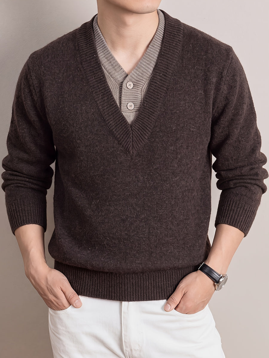 Autumn/Winter Men's 2-in-1 Look V-Neck Knitwear with Contrast Button Design, Warm Pullover Sweater - Coffee Color