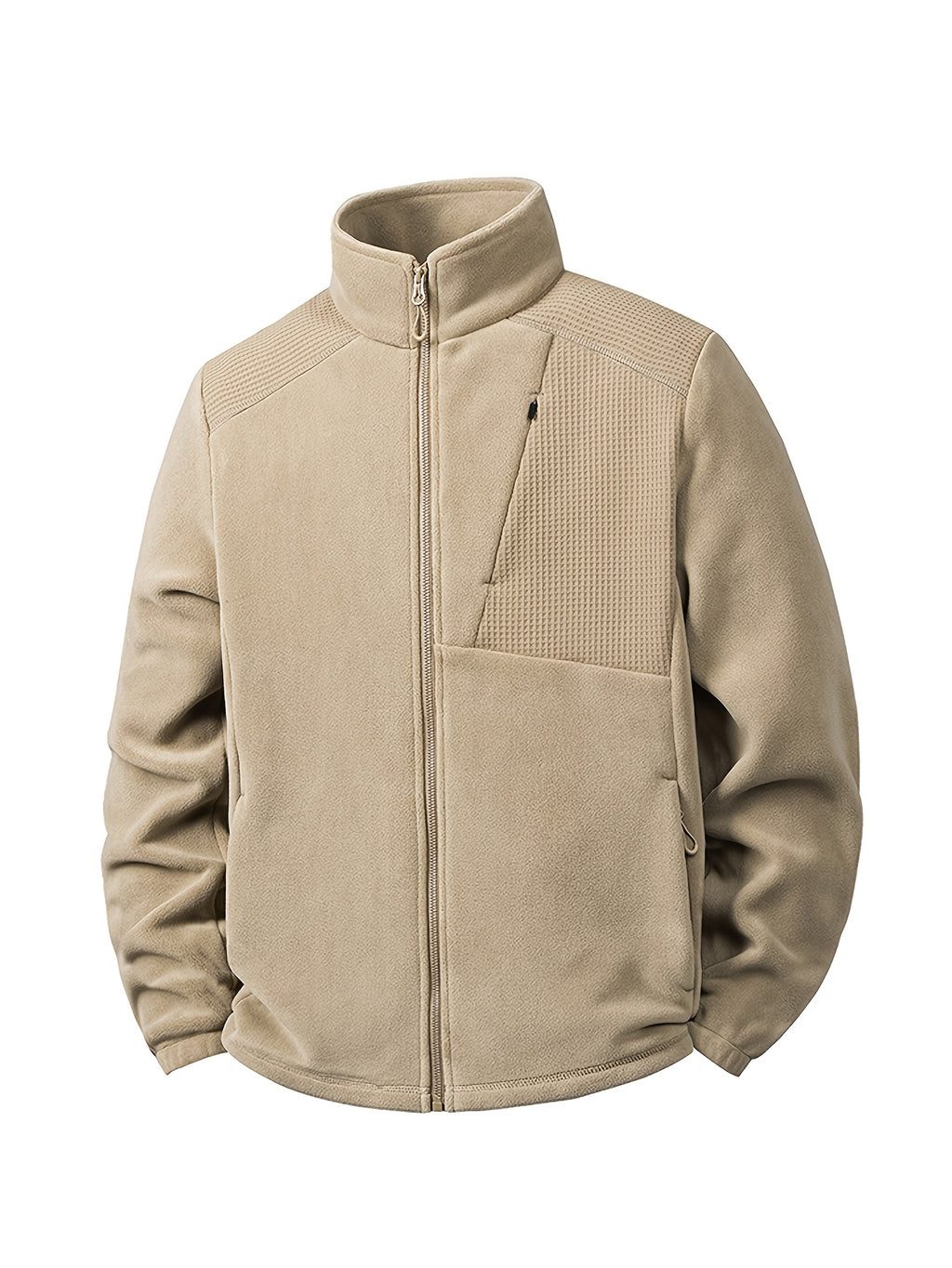 Men'S Autumn And Winter Outdoor Fleece Jacket with Stand Collar, Warm And Fashionable Jacket for Daily Wear, Featuring Windproof Patch Design And Zipper Design - Khaki