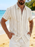2pcs Men'S Contrasting Checkered Patchwork Short-Sleeved Shirt, Business Casual Lapel Cardigan Top - Blue+Light White