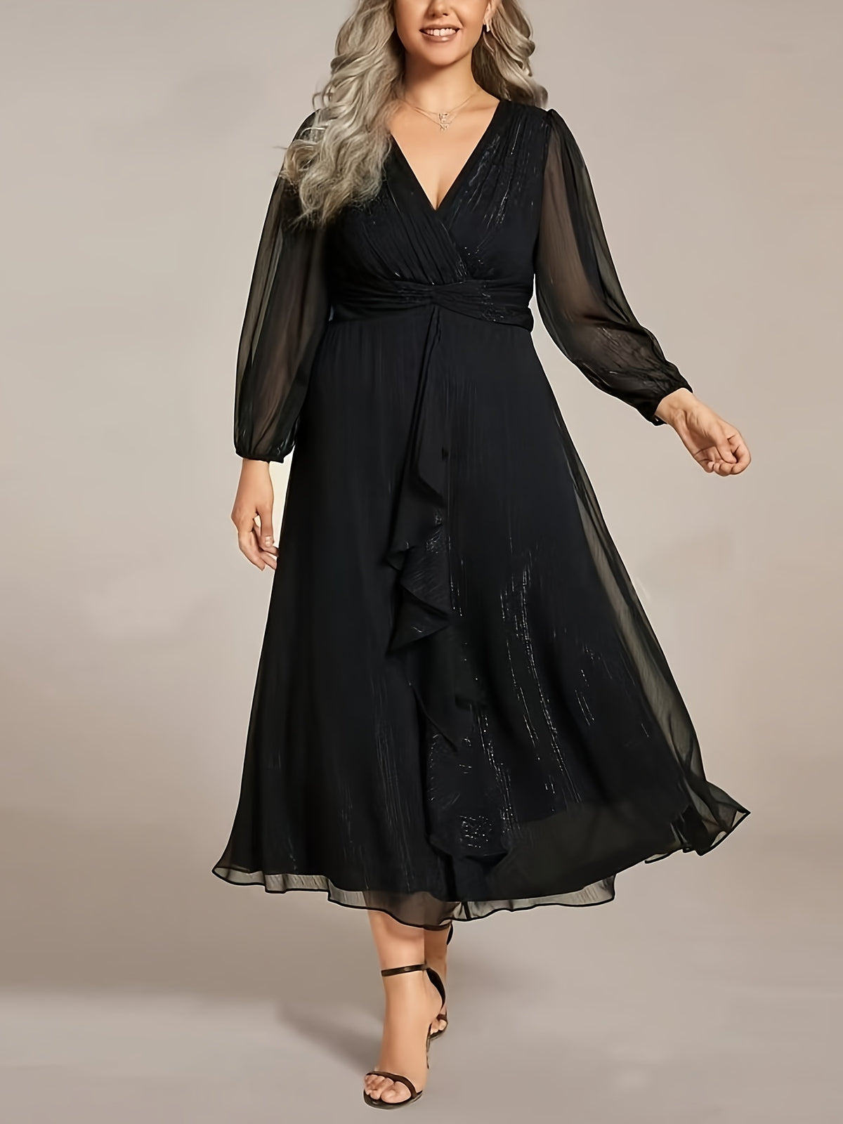 Elegant French-Style Waist-Cinching V-Neck Lantern Sleeve Temperament Midi Evening Gown New Women's Dress - Black