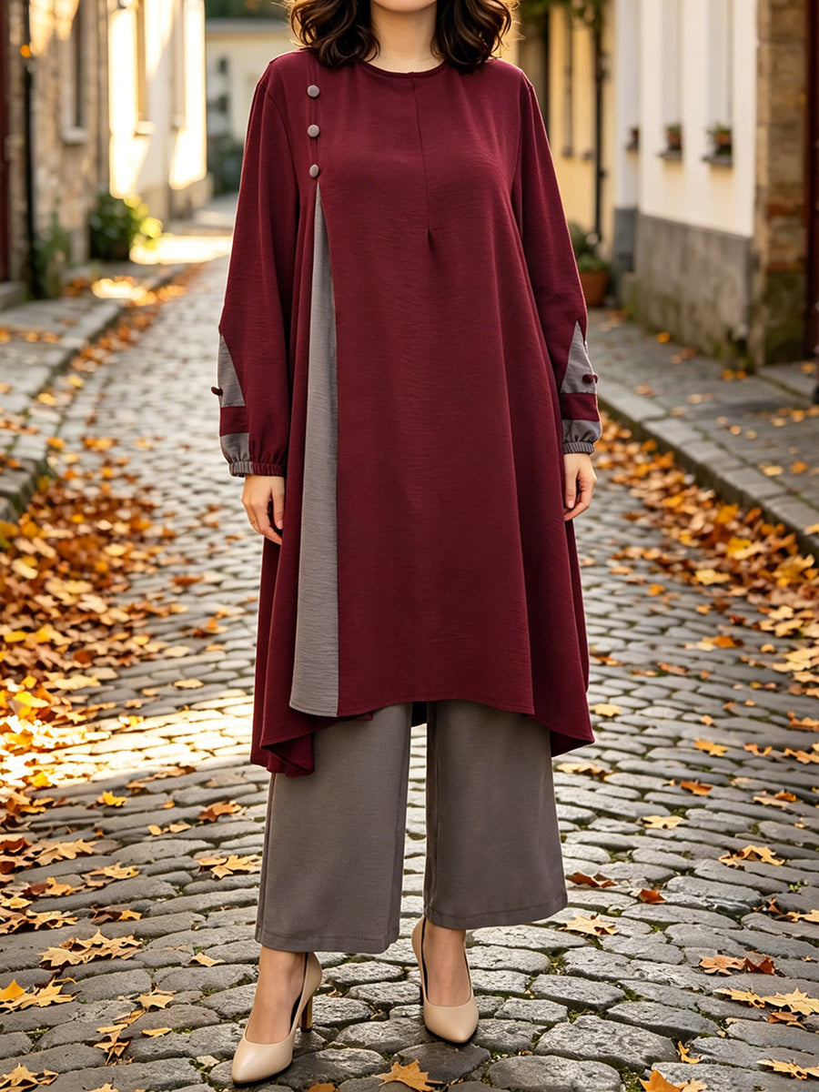 New Style Middle Eastern Muslim Abaya Set - Women's Modest Contrast Color Combination Long-Sleeve Top & Maxi Skirt with Button Detail for Ramadan Daily & Gatherings - Color Block (Jujube Red Top + Gray Pants)