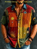 Printed Design - Not Textured Men'S Vintage Astronomical Patchwork Short-Sleeve Shirt, Lightweight And Breathable Casual Button-Up Top, Adorned with Vintage Bohemian Sun, And Star Prints, Ideal Gift for Summer Beach Vacations And Birthdays - JAHFQ080816441