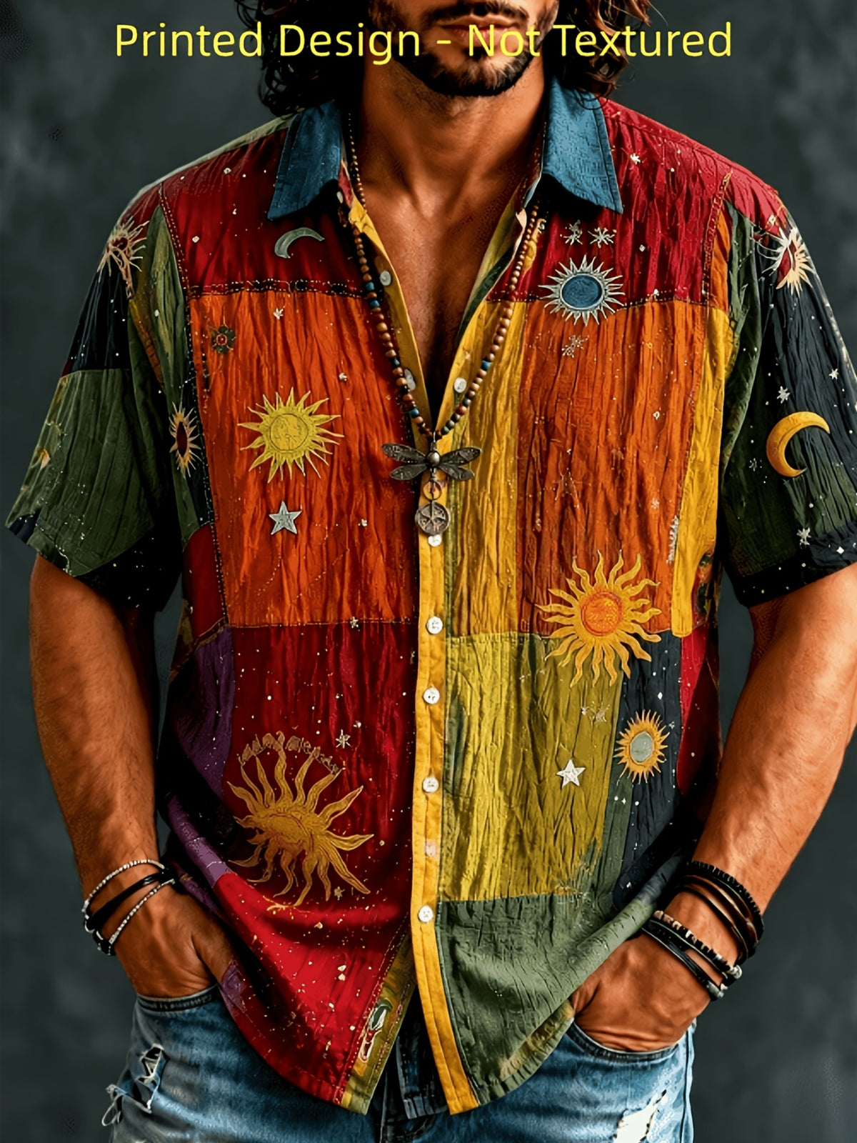 Printed Design - Not Textured Men'S Vintage Astronomical Patchwork Short-Sleeve Shirt, Lightweight And Breathable Casual Button-Up Top, Adorned with Vintage Bohemian Sun, And Star Prints, Ideal Gift for Summer Beach Vacations And Birthdays - JAHFQ080816441