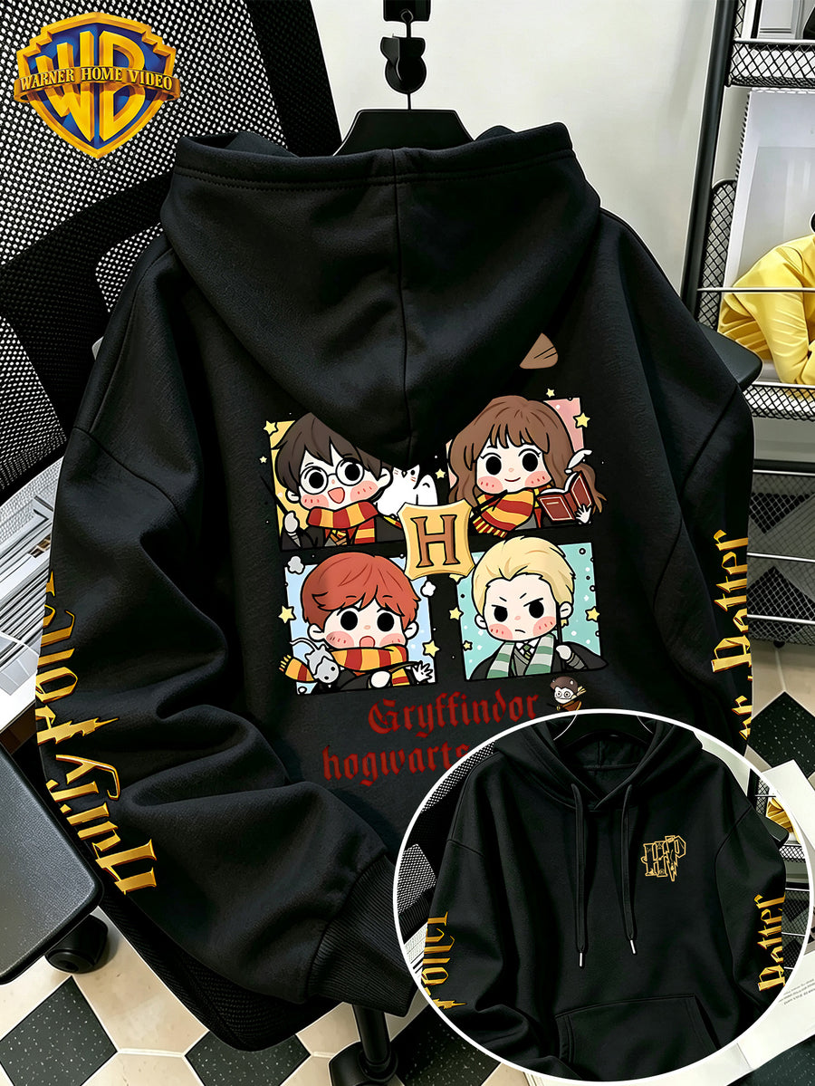 Warner Bros Official Q-Version Four-Panel Magic Boy Group Print Hoodie - Men's Fashion Hoodie with Adjustable Drawstring, Loose and Comfortable Sweatshirt, Suitable for Daily and Outdoor Sports Wear, the Perfect Choice for Warmth in Autumn - Black