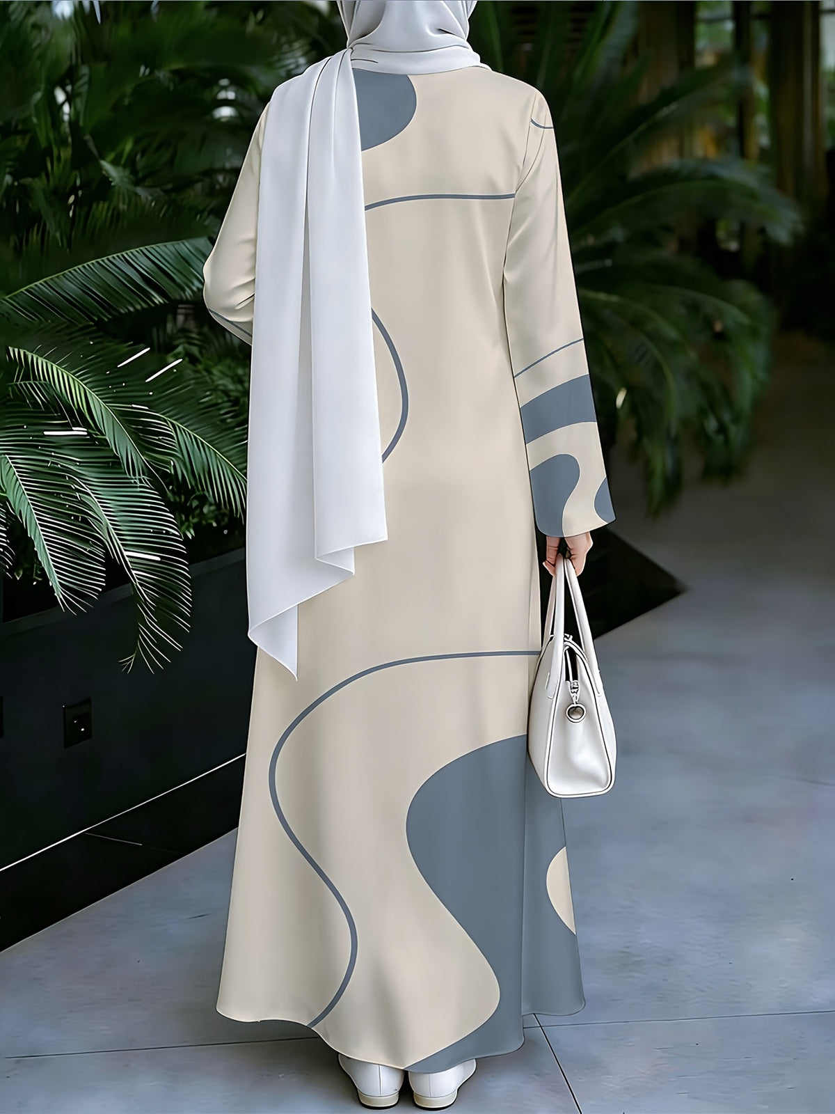 1pc 2D Flat Abstract Geometric Color Blocks + "Minimalist & Elegant" Slogan Muslim Long Dress Women's New Muslim Robe - Women's Loose-Fitting Long-Sleeved Printed Dress - Daily Commuting and Home Wear - Eid Festival Dress - Comfortable Abayas Robe - Mixed colors