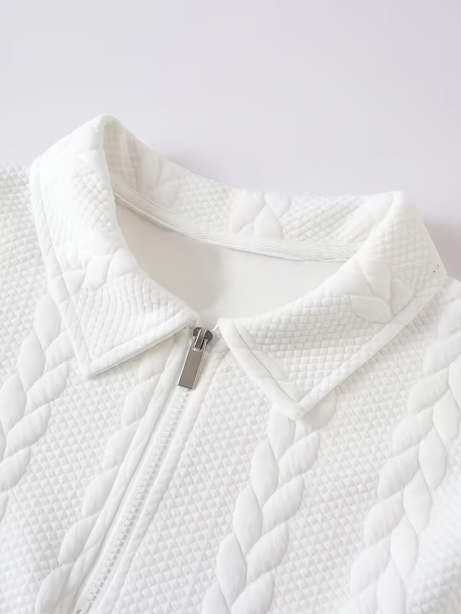 Men'S Fashion Summer Casual Vacation Zipper Sweatshirt, Casual Home Comfortable Long Sleeve 2pcs Set, Zipper Collar Jacquard Sweatshirt Men'S Clothing - Black+White