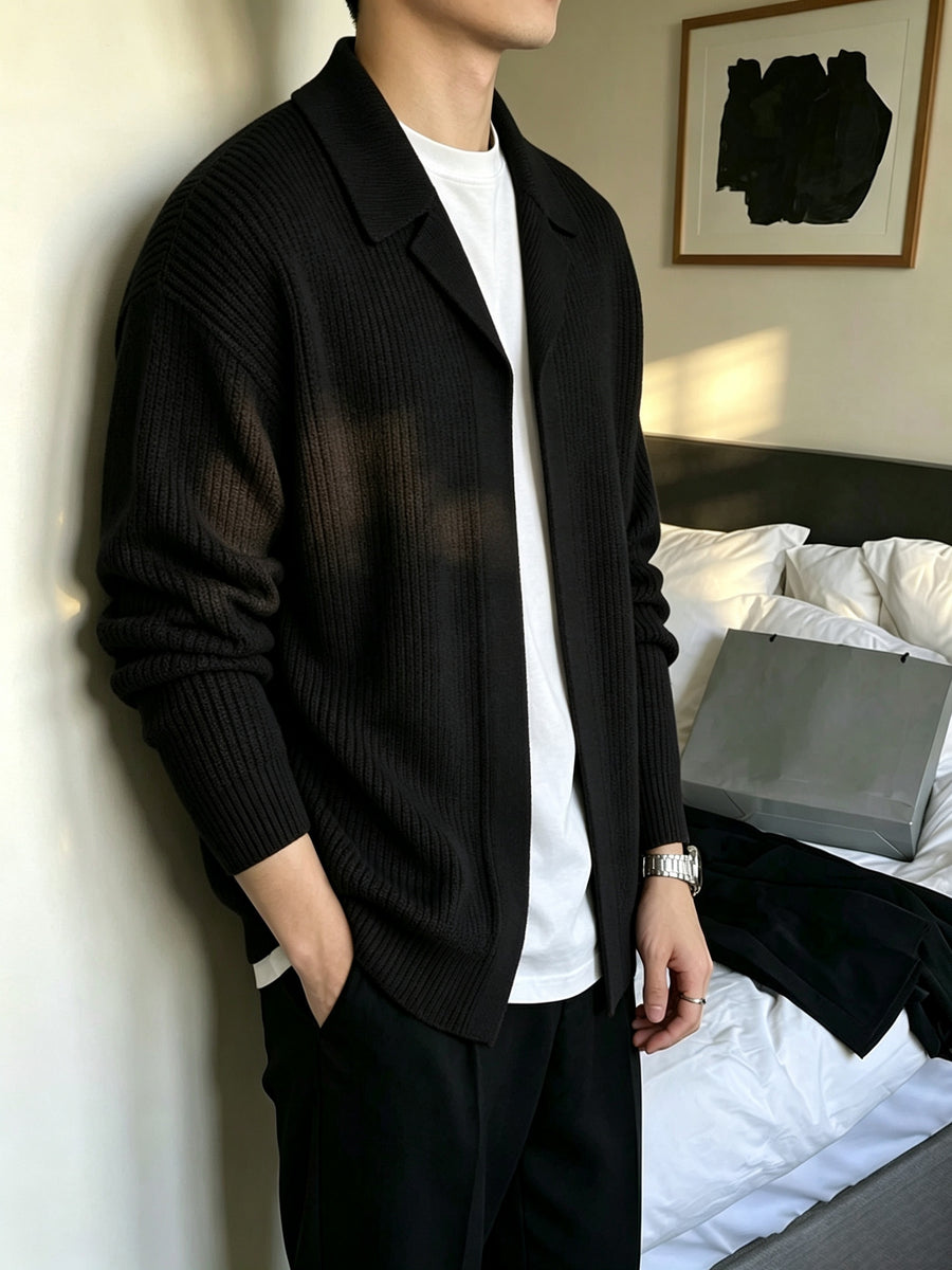 Men's Vertical Ribbed Suit-Style Lapel Buttonless Knit Cardigan, Loose Drop-Shoulder Thickened Lightly Mature Autumn/Winter Sweater Outerwear - Black