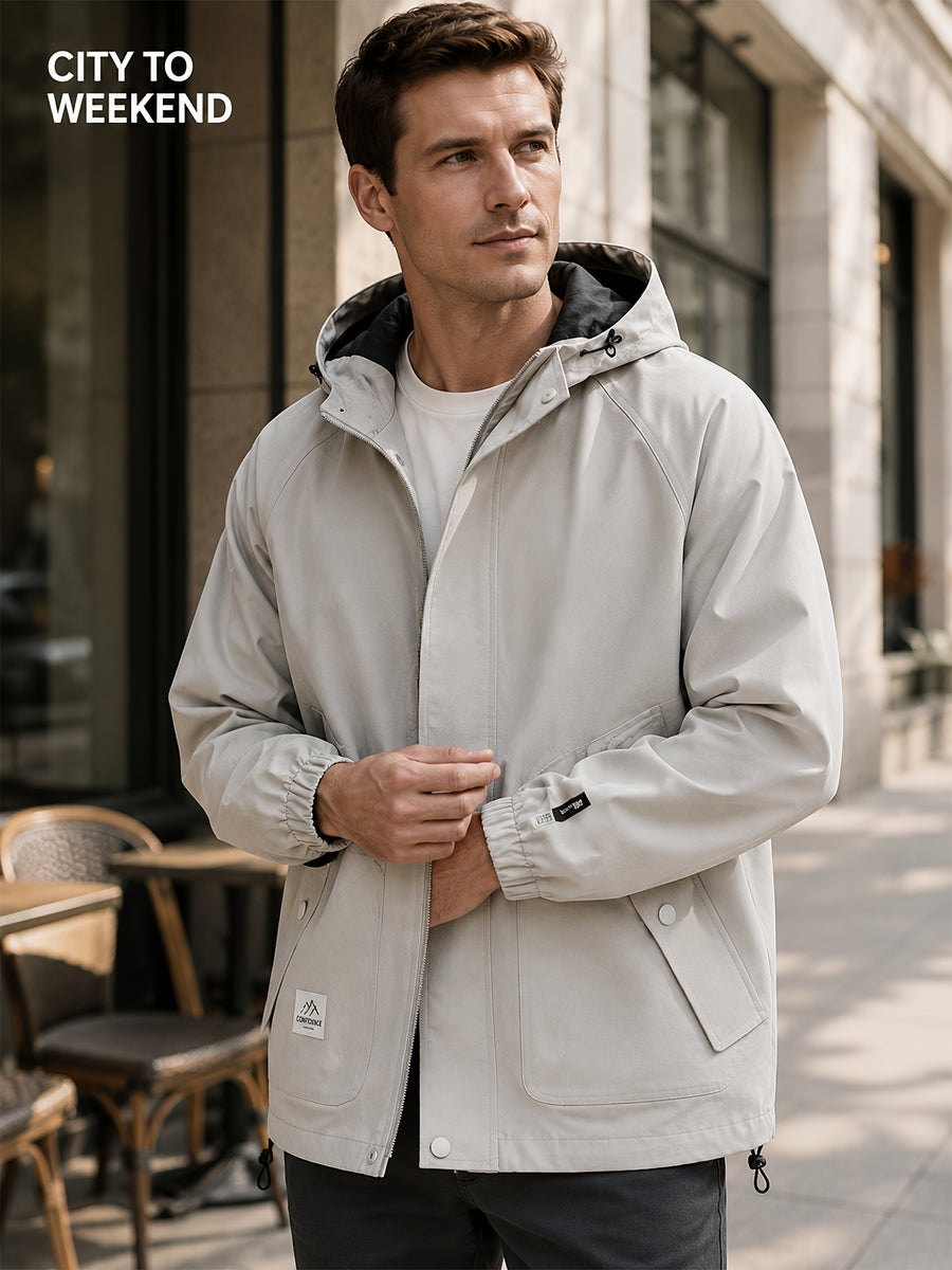 Men'S Lightweight Hooded Jacket, Casual Full-Zip Coat with Adjustable Hood And Flap Pockets, Suitable for Autumn And Winter Casual Wear - Khaki