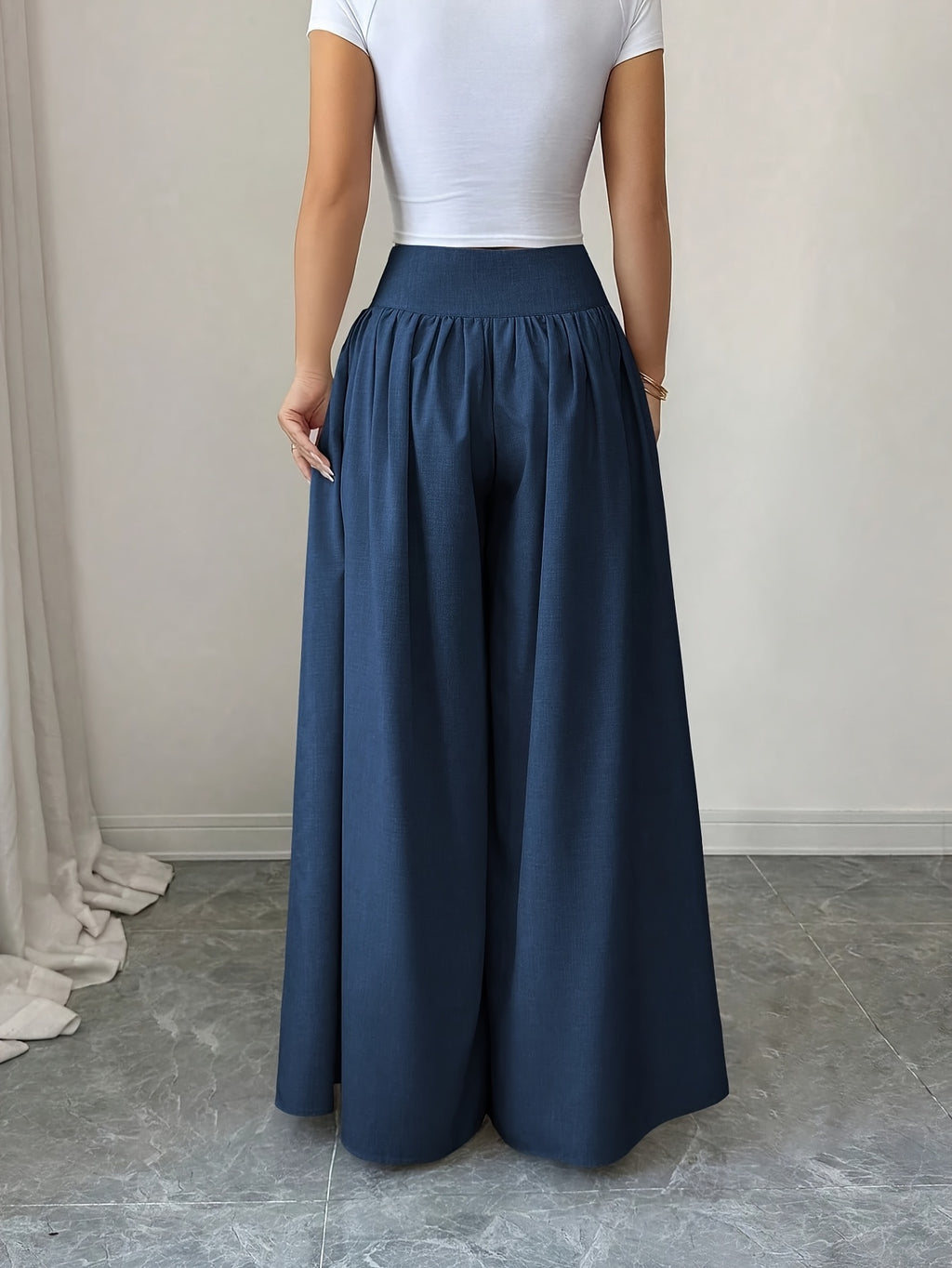 Women's Spring/Summer Waist-Cinching Long Wide-Leg Pants with Pockets, Size 25 - Navy Color
