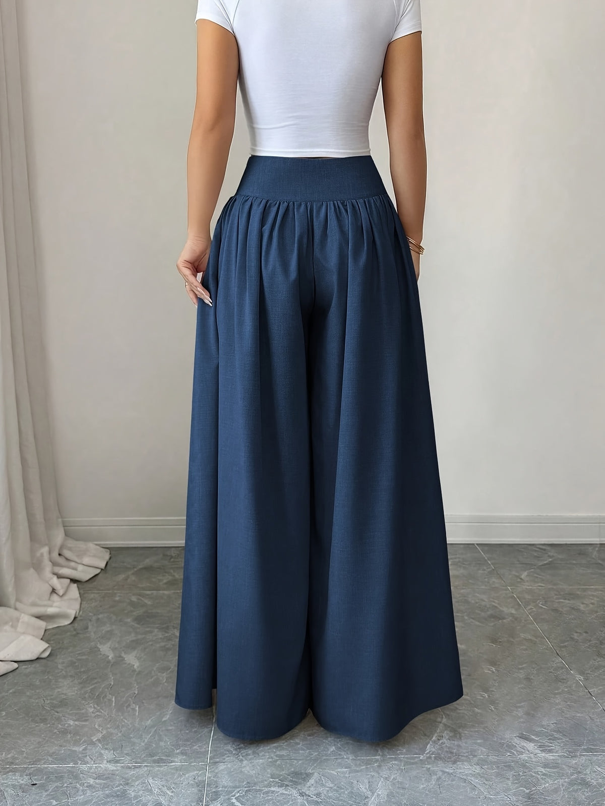 Women's Spring/Summer Waist-Cinching Long Wide-Leg Pants with Pockets, Size 25 - Navy Color