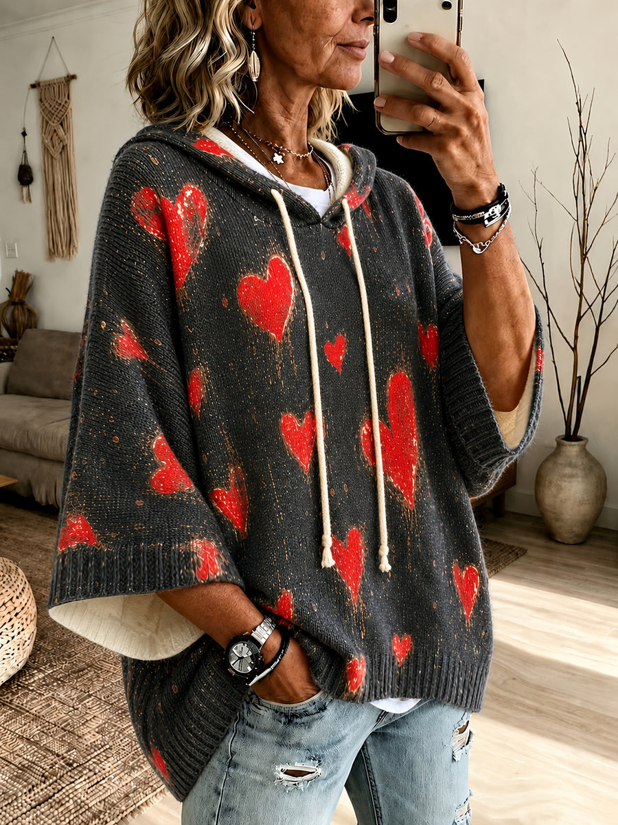 Plus Size, 2026 Women's Autumn/Winter Heart Print Hooded Three-Quarter Sleeve Cape Sweater Top with Drawstring, Lazy Style, Loose Fit,, Fashionable, Versatile, Casual, Commuting, Vacation, Plus Size Sweater Top for Women - Deep Grey