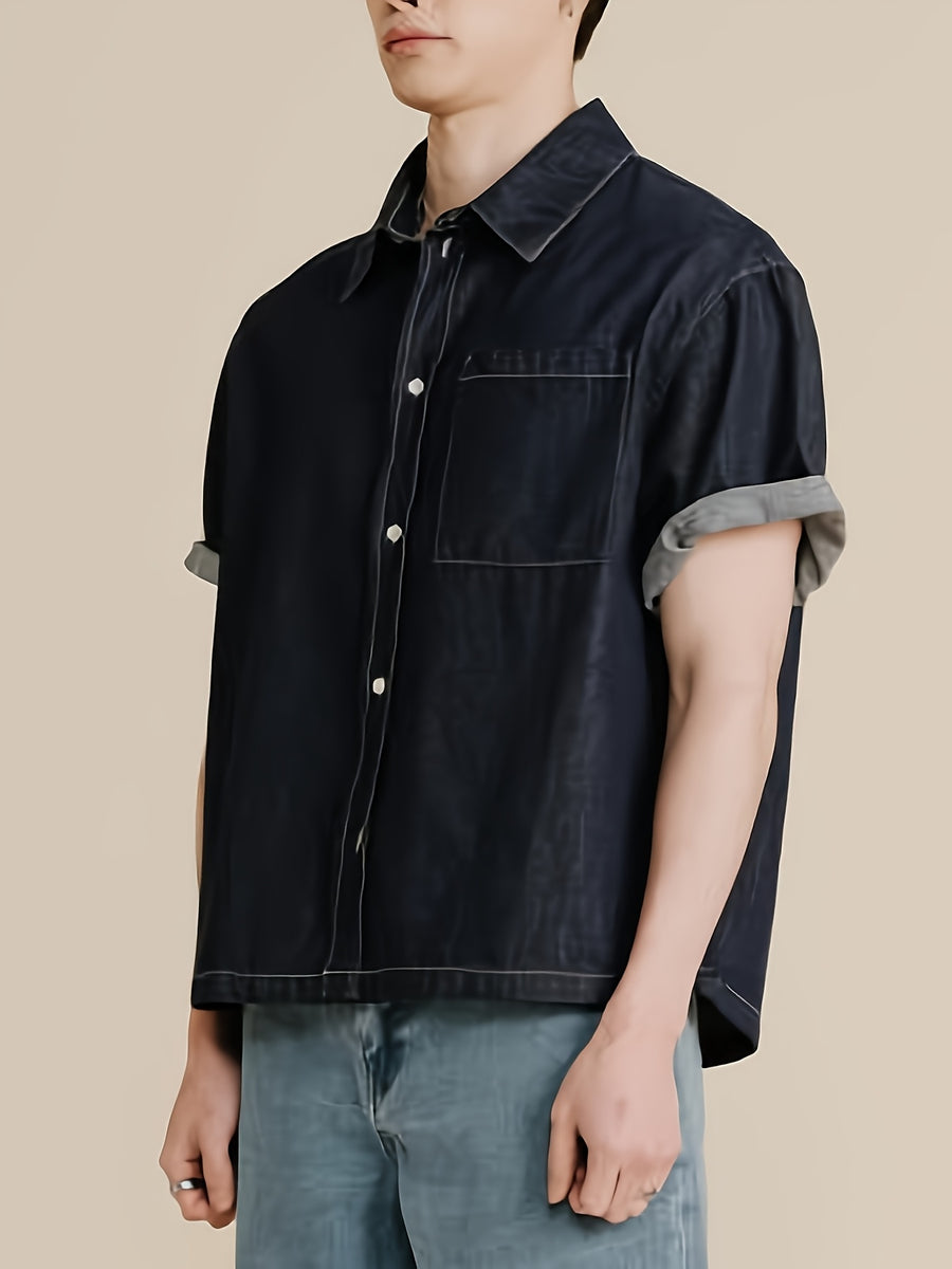 Ling Jiu Jiu Select Men's Casual Fashion Denim Cropped Shirt - Black