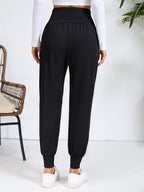 An Elegant Women's Casual High-waisted Pants with Slant Pockets. Women's Pants and Cuffed Long Pants for Spring, Summer, and Autumn - Black