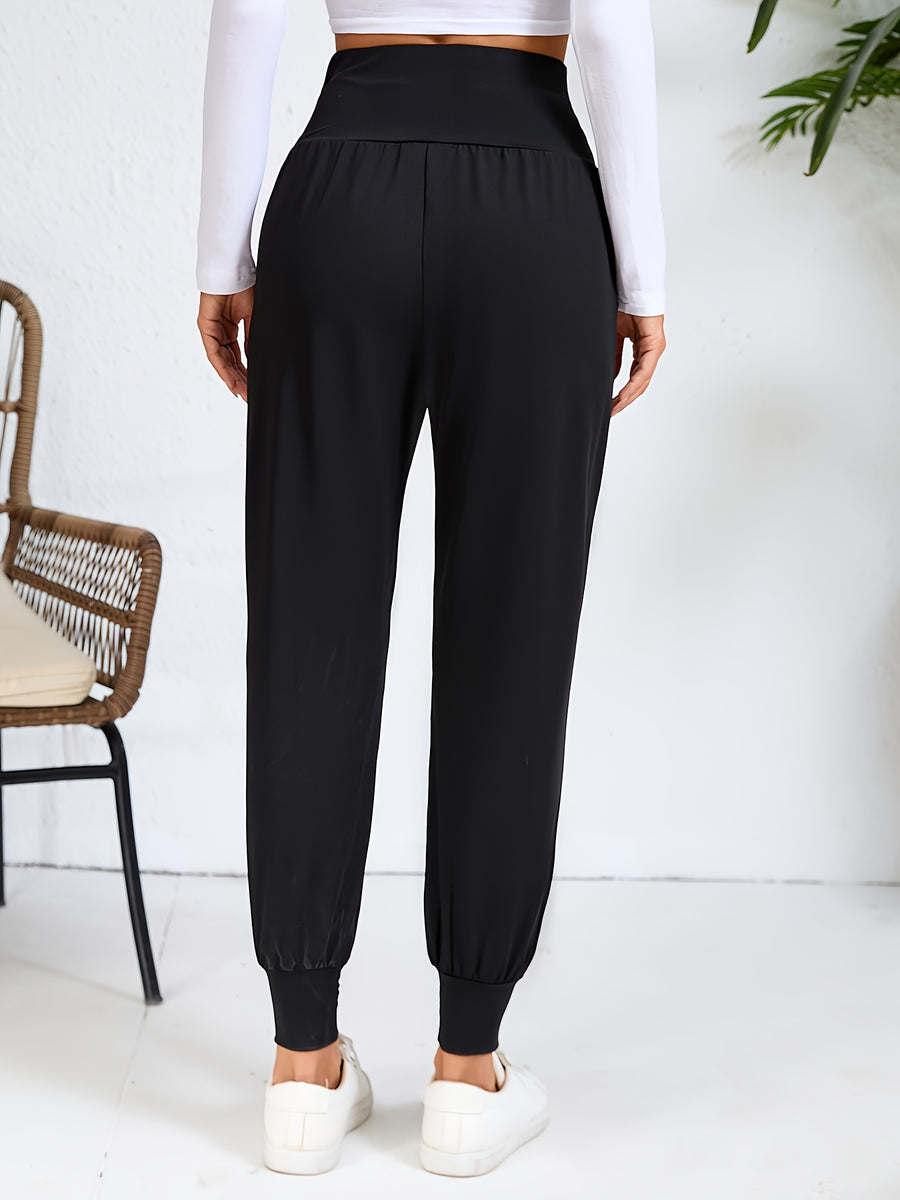 An Elegant Women's Casual High-waisted Pants with Slant Pockets. Women's Pants and Cuffed Long Pants for Spring, Summer, and Autumn - Black