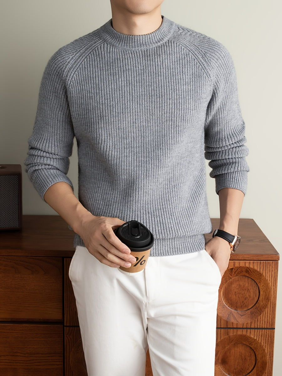 [Wading Whale OBM] 1pc Autumn/Winter New Thick Men'S Knit Pullover Sweater, Old Money Style Solid Checkered Ribbed Round Neck Long Sleeve Men'S Business Casual Fashion Sweater, Suitable for Spring, Autumn, Winter Layering Or Outerwear - Grey