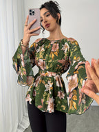 Women'S Summer Elegant Top, Chiffon Floral Print Layered Ruffle Sleeve, Waist Tie Festival Outfit, Holiday Vacation Wear Shirt - Green