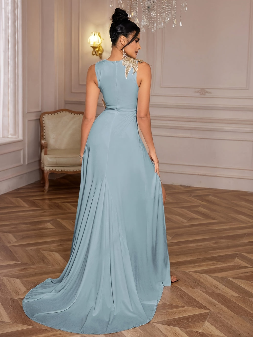 Sleeveless Round Neck Dress with Waistline Slit - Light Blue