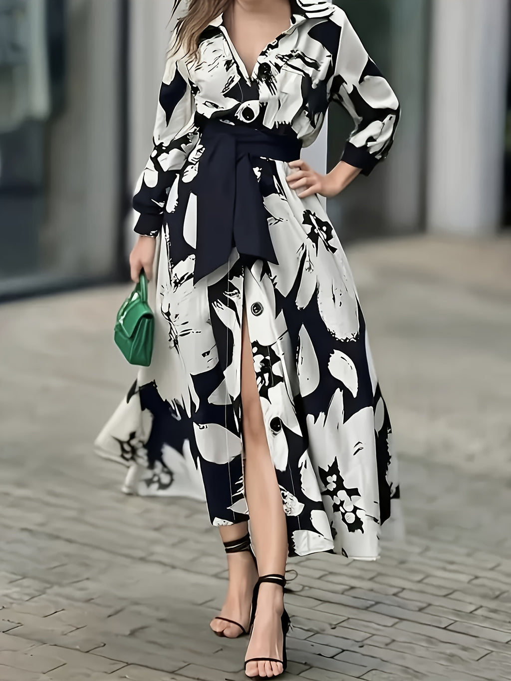 Women'S Elegant Black White Floral Maxi Dress Long Sleeve A Line Button Front Flared Skirt - Mixed colors