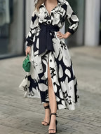 Women'S Elegant Black White Floral Maxi Dress Long Sleeve A Line Button Front Flared Skirt - Mixed colors