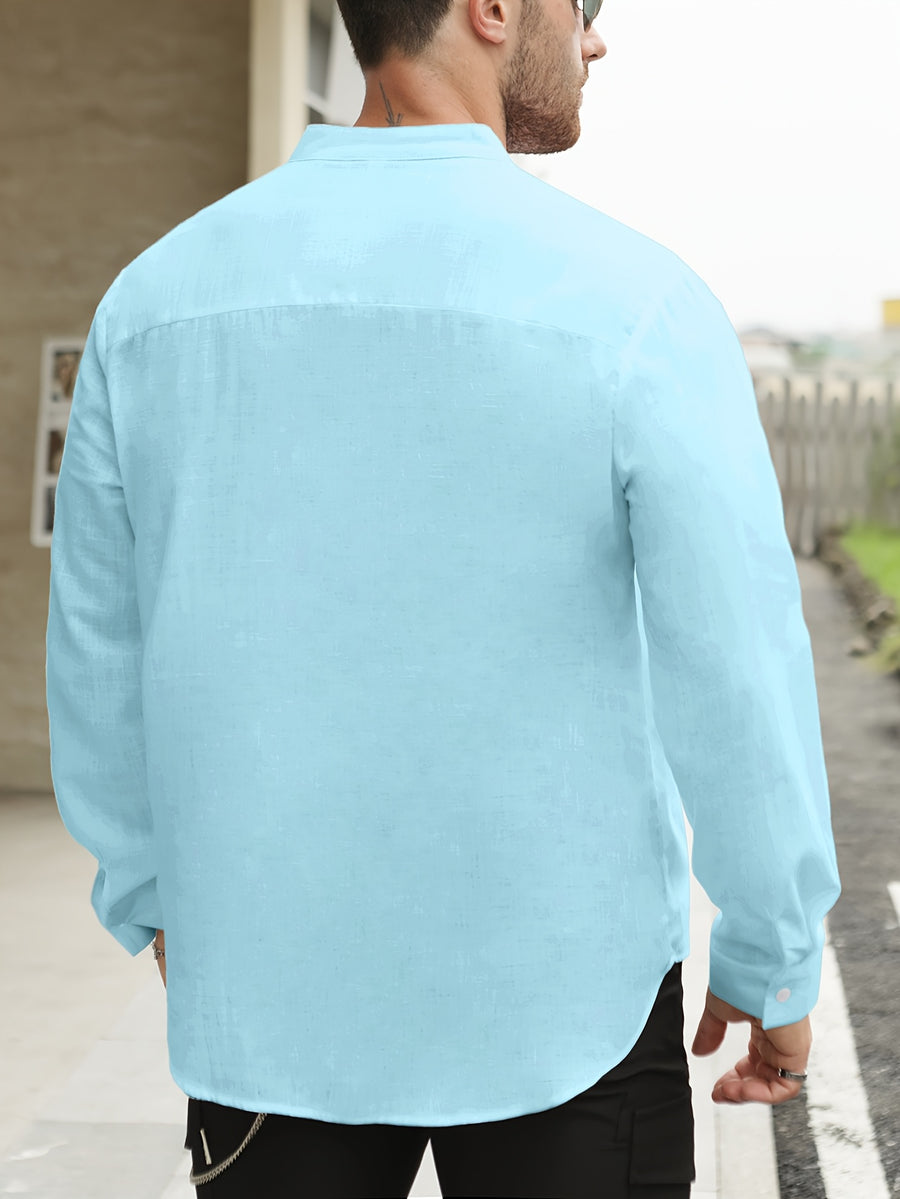 Men's Lightweight Thin Striped Stand Collar Half-Placket Solid Color Long Sleeve Shirt WISH Twill Loose Vintage Shirt - Light Blue
