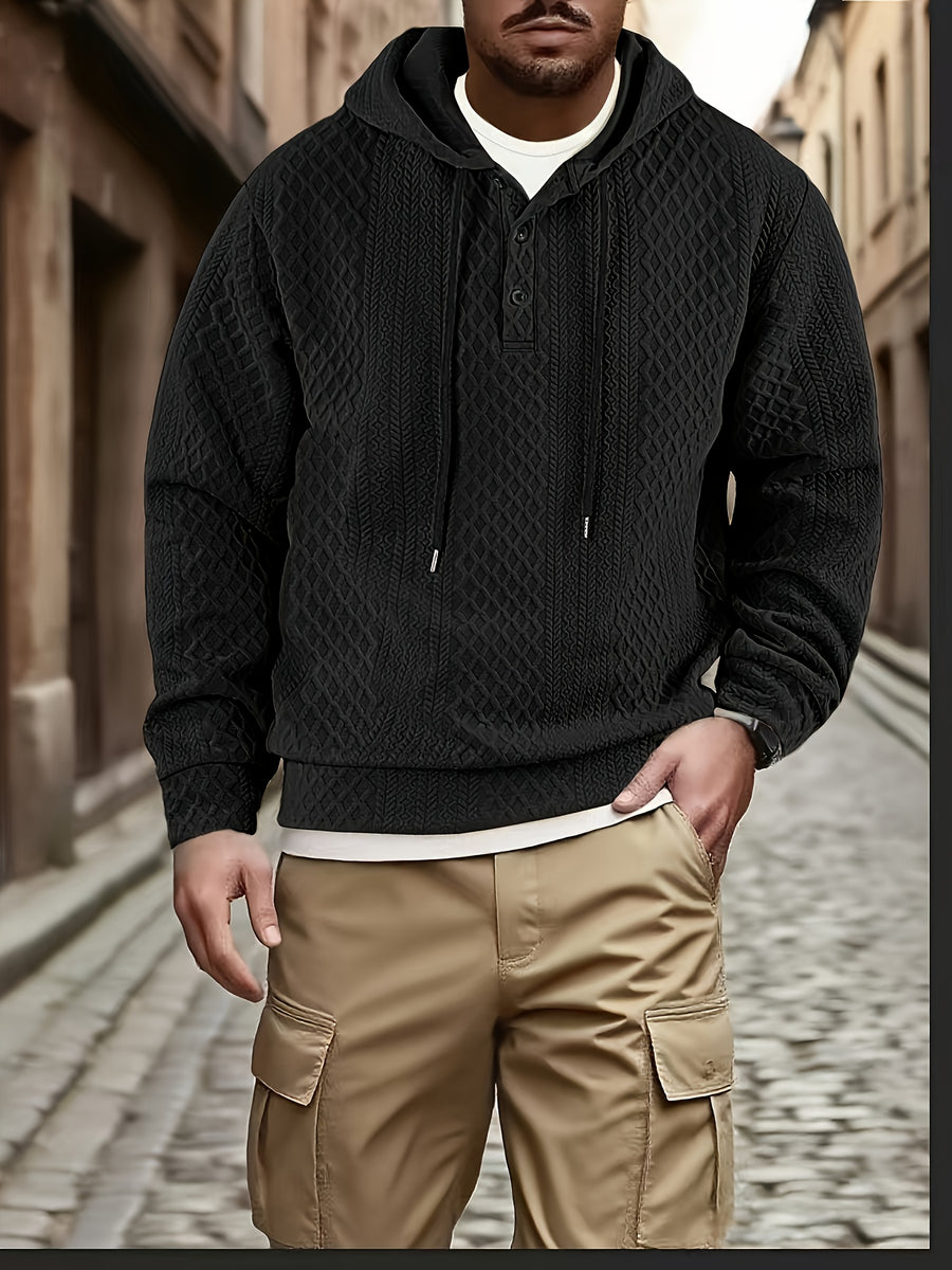 New Men'S Casual Fashion Athletic Cool Versatile Trendy Stylish 3D Jacquard Fabric Two-Button Hooded High Street Popular Sweatshirt - Black