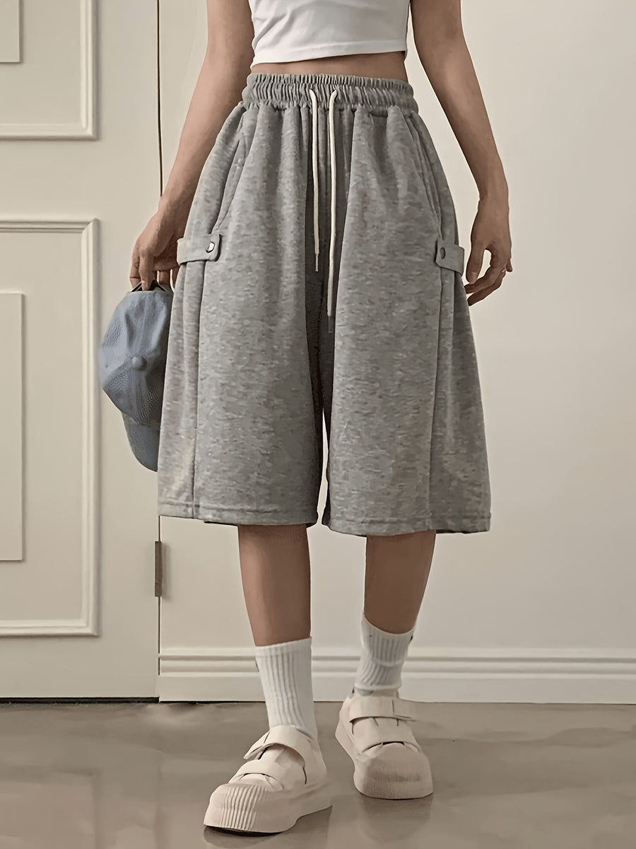 2026 Spring/Summer New Korean Style Women's High-Waist Drawstring Wide-Leg Versatile Casual Cropped Jogger Shorts in Gray - Grey