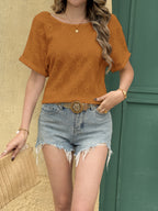 Fashion Women's Top Button Decoration Short Sleeve Backless Round Neck T-Shirt - Light Brown-1