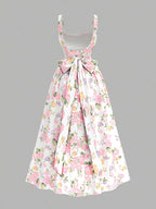 Women's Elegant Square Neck A-Line Dress with Back Bow Detail & Florally Print - Short to Medium Length Formal Wedding Guest Gown, Machine Washable Dress for Special Occasions - Mixed colors