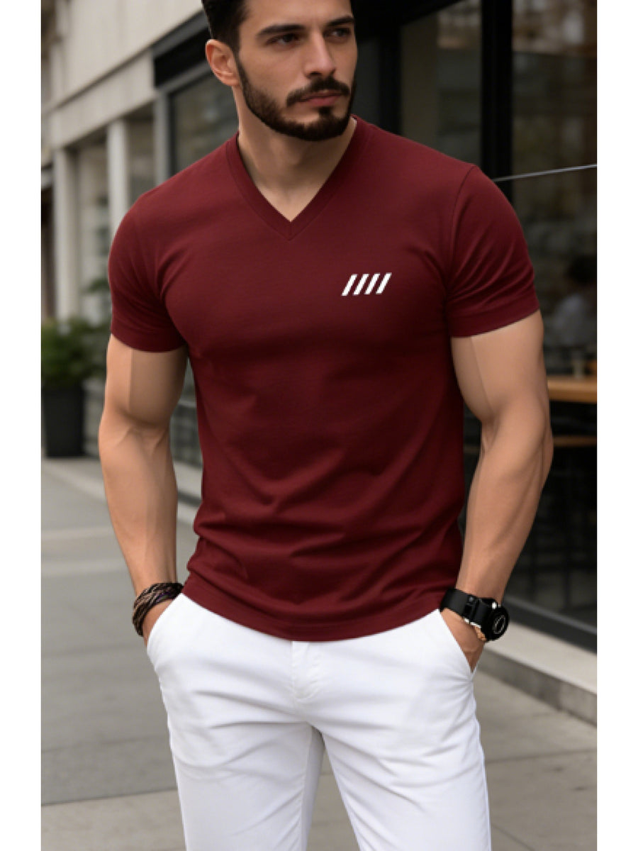 [Printed Design - Not Textured] 2026 New Style T-Shirt, Men's Summer Short Sleeve Thin Top, Trendy Fashion Slim Fit V-Neck, Versatile and Simple Classic Basic Style for Daily Commuting. Creative Vertical Stripe Pattern Design for a  and Fashionable - Burgundy
