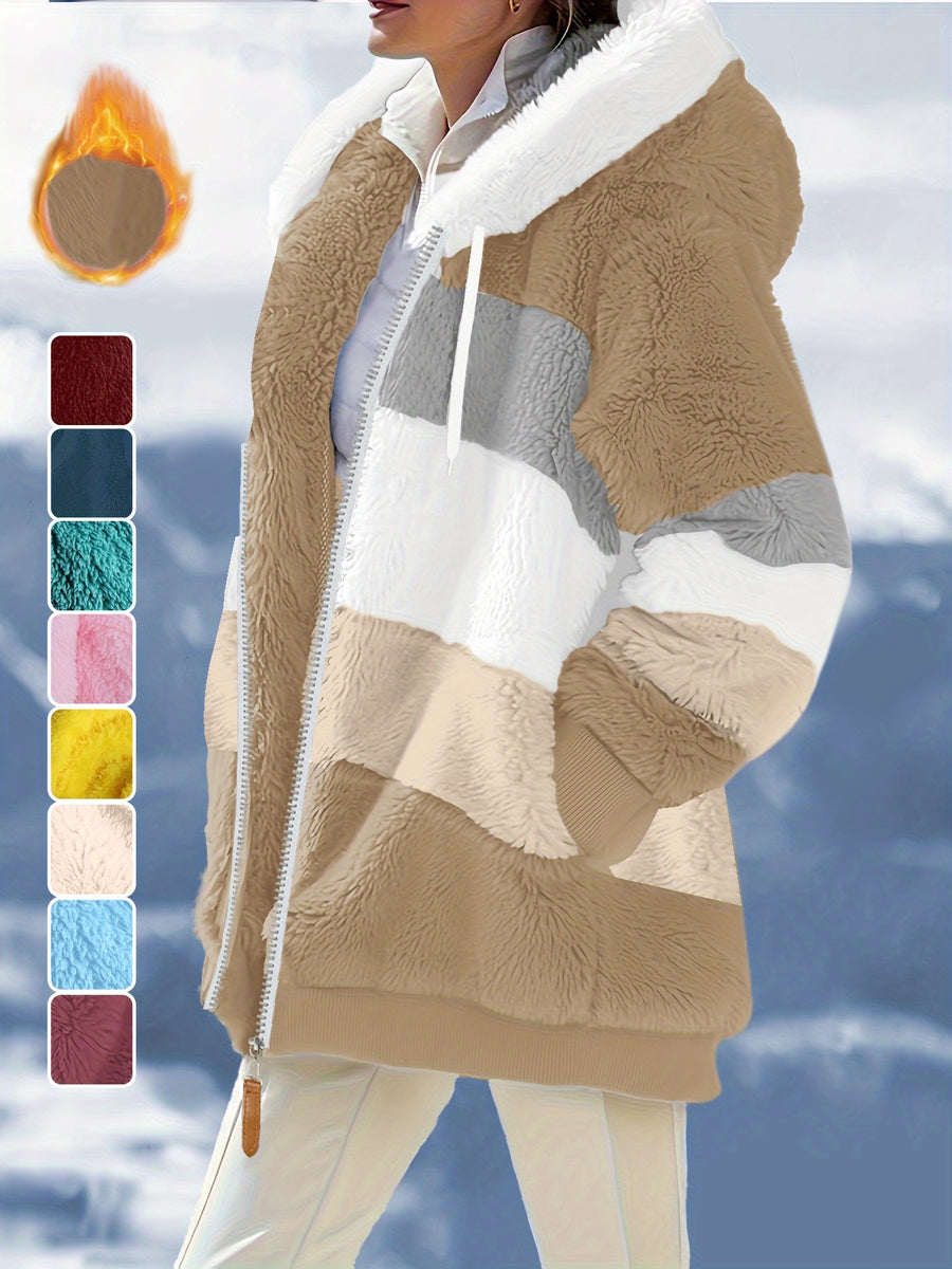 Women'S Warm Fleece Color Block Hooded Jacket Zip Up Chunky Plush Coat with Pockets Casual Loose Fit Winter Outerwear Soft Fluffy Jacket Multiple Colors Available - Khaki