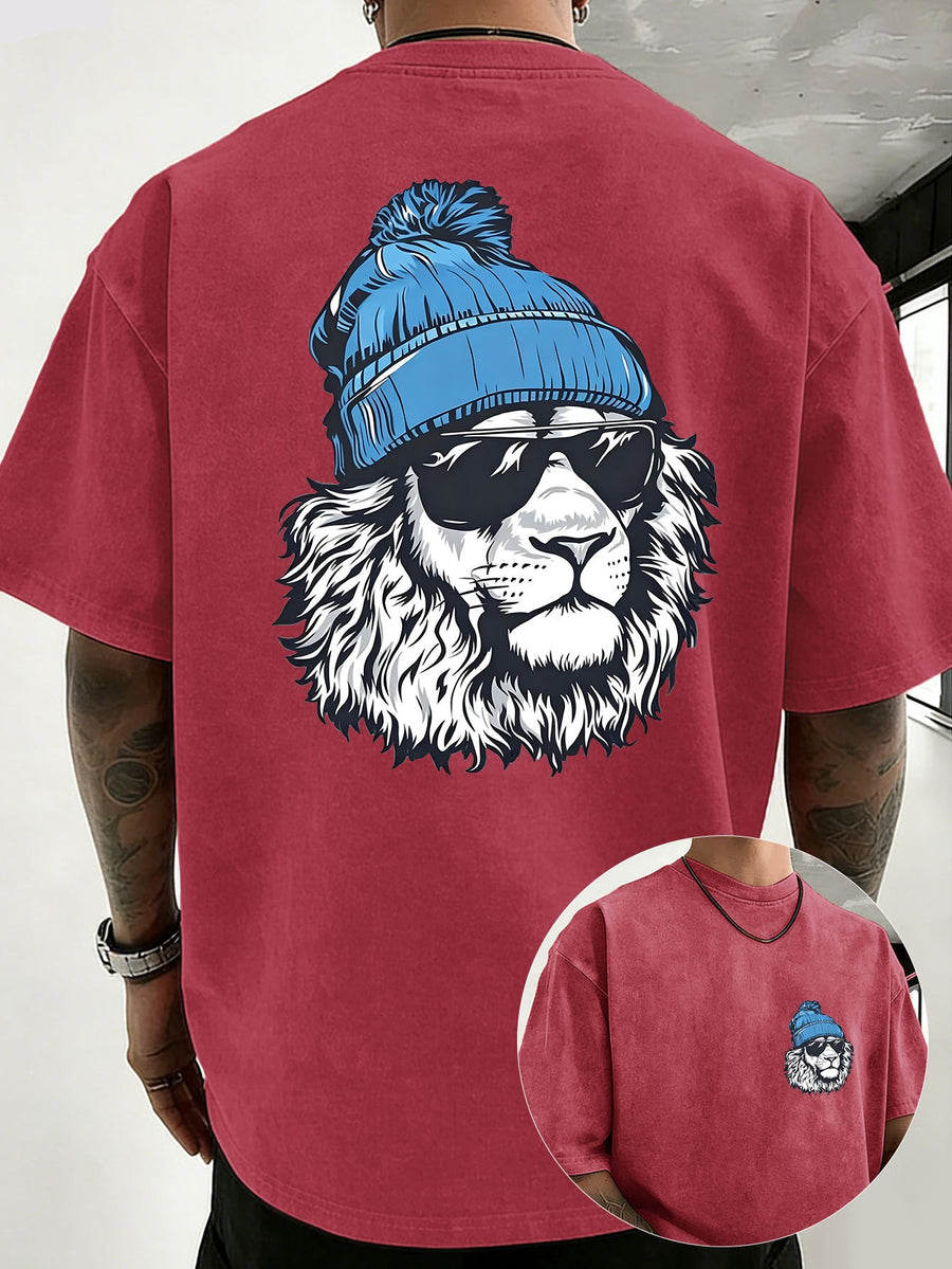 Men's Heavyweight Washed Distressed Loose-Fit Short-Sleeve T-Shirt with Reversible Print, Available in 12 Colors for Mix & Match, National Trend Y2K Style for Daily Commuting, Sports, Fitness, Couples, Streetwear, and Outings - Red