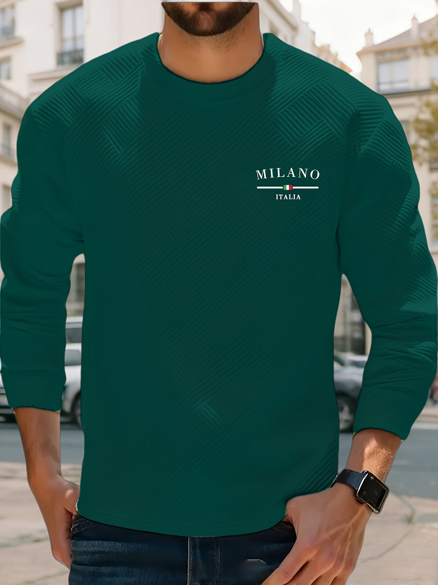 Men'S Spring Autumn Casual Long Sleeve Sweatshirt Daily All-Match Heavy Jacquard Round Neck Sweatshirt, Regular Fit, Outdoor, Crew Neck, Geometric Print - Dark Green