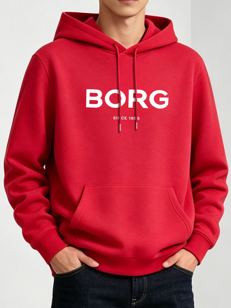 Minimalist BORG Since 1896 Letter Hooded Sweatshirt, Men's Trendy Versatile Drop-Shoulder Long-Sleeve Pullover - Red