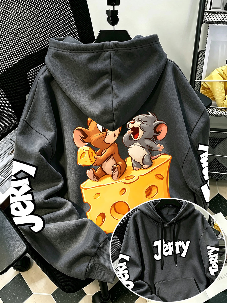By Warner Bros., 2026 New Fun Cartoon Print, Men's Hoodie, Hooded Sweatshirt, Kangaroo Pocket and Drawstring Hat, Suitable for Daily and Outdoor Sports Wear, Autumn and Winter Warm Jacket, Fashionable Jacket - Dark Gray