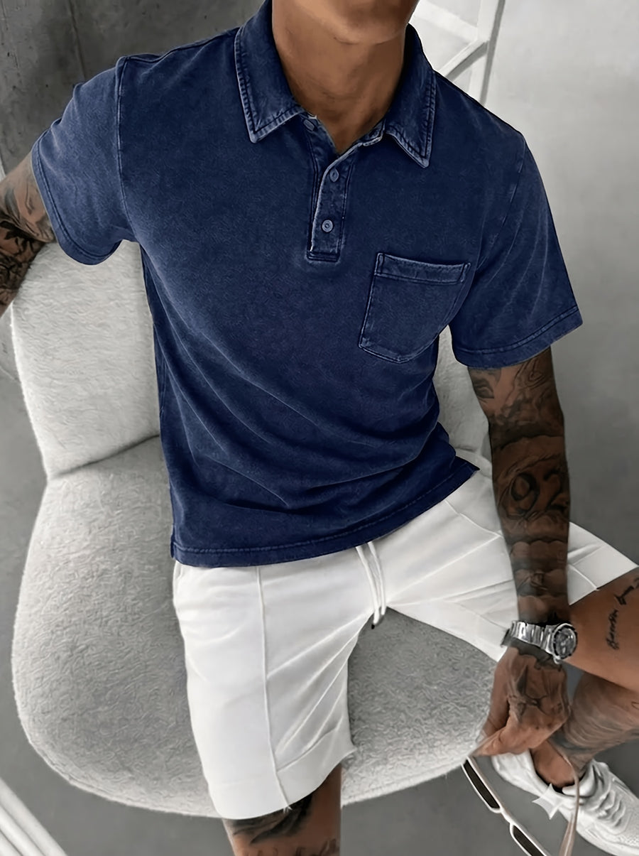 Casual Date Outdoor Men'S Polo Shirt, Breathable Sweat-Wicking Stylish Business Style, Minimal Street Style, Vintage Distressed Navy, Lapel with 3 Buttons, Functional Patch Pocket on Chest, Side Slit Hem, Loose Fit Men'S Short Sleeve Top - Navy Color