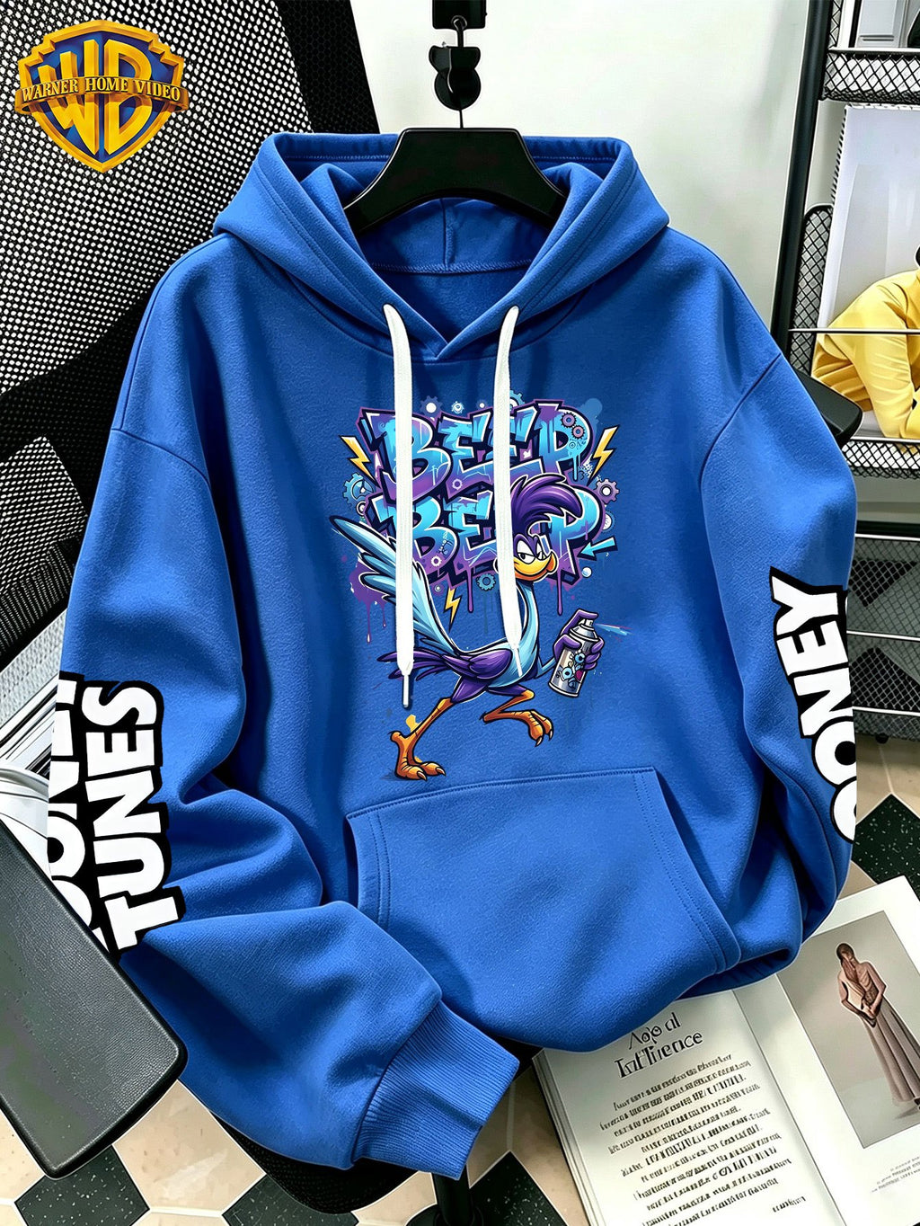 WB Warner Bros Official Men's & Women's Cyber Graffiti Runaway Bird Hoodie - Iconic WB Print Sweatshirt, Adjustable Hood, Loose Fit Warm Pullover for Fall/Winter, Machine Washable Suitable for Daily Wear & Outdoor Sports - Blue
