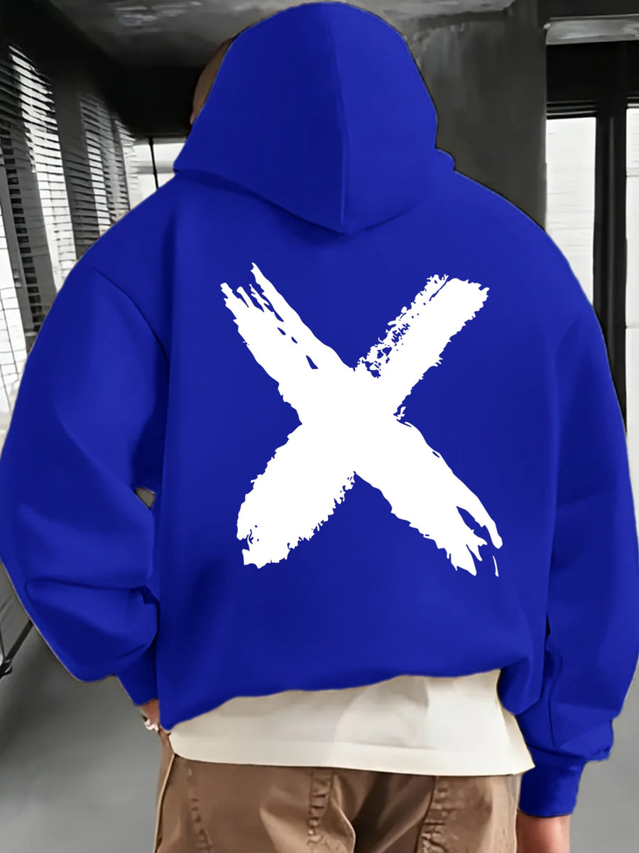 Men's Fashionable Hoodie, Loose-fit Casual Top with "X" Letter Print, Long-sleeve Sweatshirt Featuring a Kangaroo Pocket, Made of Casual Polyester Knit Fabric, Machine Washable, Suitable for Outdoor Casual Wear - Klein Blue
