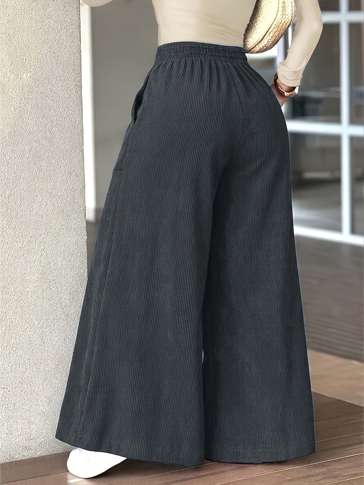Women's Corduroy Fashion Casual Wide-Leg Pants with Multi Patch Pockets Design, Elegant Loose Straight-Leg Trousers with Nice Drape, High-Waisted Draping Wide-Leg Casual Pants - Grey