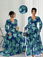 Plus Size, Plus Size Vintage Teal Blue Botanical Print V-Neck Wrap Long Dress with Flared Long Sleeves, Waist-Cinching, for Vacation, Mermaid Style - Blue