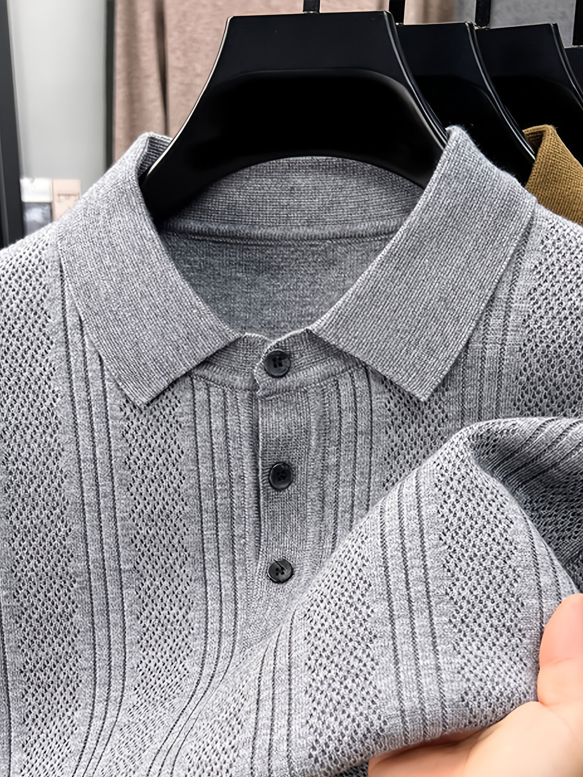 Autumn Renewal 1pc: Black Knitted Long-Sleeve Polo Shirt for Middle-Aged Men, Vertical Stripe Jacquard, Three-Button Lapel, Business Casual, Slim Fit for Spring/Autumn, Commuting and Daily Layering Top - Light Grey