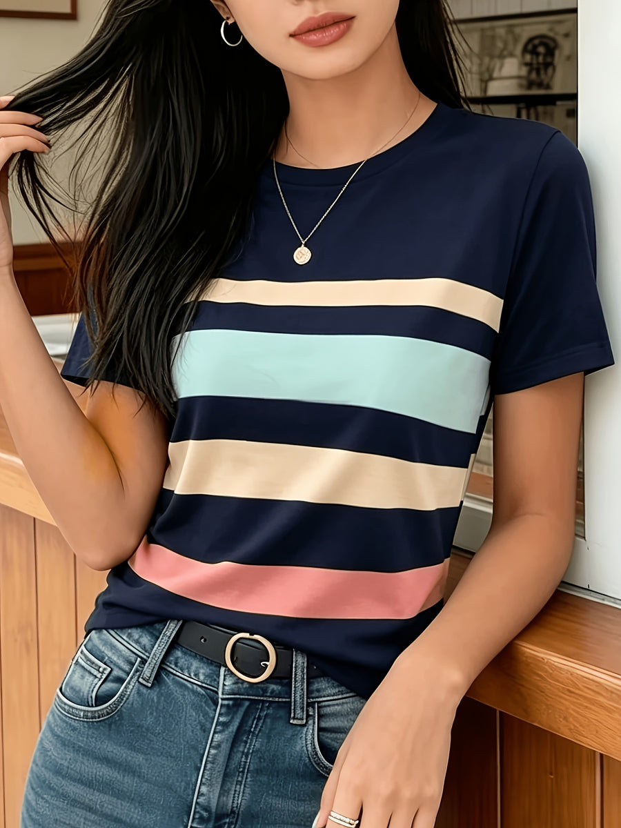 [Printed Design Texture] Women'S Korean-Style Blogger'S Colorful Striped T-Shirt, a Versatile Basic Short-Sleeve Top That Flatters The Figure And Is Suitable for All Body Types, a New Summer 2026 Model for Commuting And Casual Wear - Mixed colors