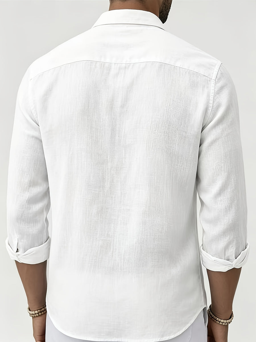 Men's Vintage Lapel Striped Shirt, Vacation Casual Long-Sleeve Shirt. Available in Multiple Colors - White