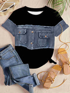 Printed Design - Plain Imitation Denim Frayed Edge Vest Print Black Short Sleeve T-Shirt for Women,  Patchwork Button Pocket Creative Pattern Crew Neck Top, Loose Fit Trendy Versatile Daily Casual Pullover Base Layer - Black