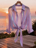Premium Iridescent Elegant Sheer Chiffon Tie-String Casual Vacation Beautiful Blouse (Women'S Style) - Purple